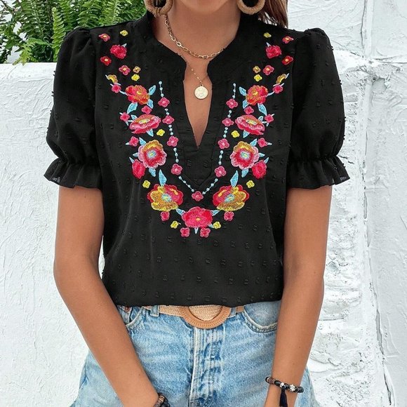 . Tops - Black Boho Womens Floral Embroidery Notched Neckline Puff Sleeve Blouse